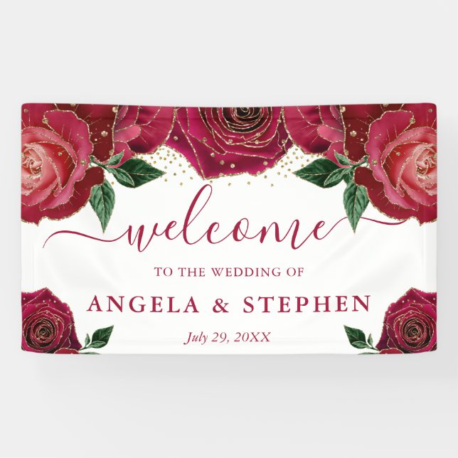 Banderoles Mariage Rose Aquarelle rouge et or (Horizontal)