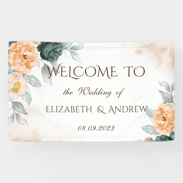 Banderoles Mariage Roses Vertes Aquarelle (Horizontal)