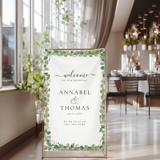 Banderoles Mariage vert "Bienvenue" (Greenery "Welcome" White, Wedding Banner with your Name and Date. )