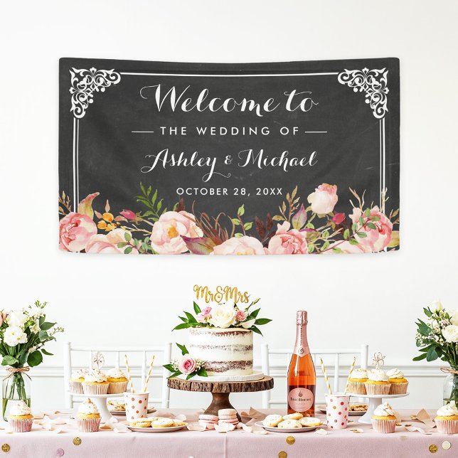 Banderoles Mariage Vintage Chalkboard Rustique Floral (Créateur téléchargé)