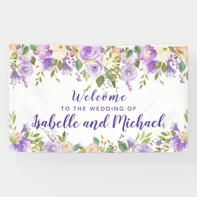 Banderoles Mariage Welcome Aquarelle florale violette et ivoi (Horizontal)