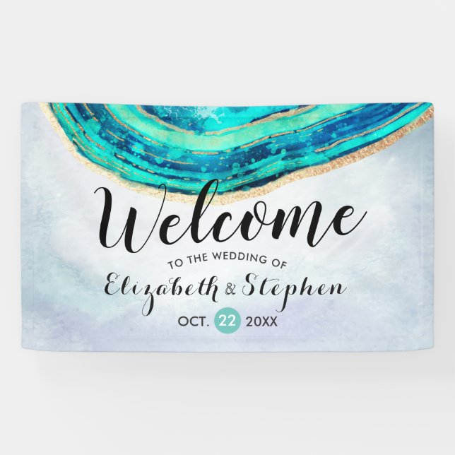 Banderoles Mariage Welcome Aquarelle Turquoise et Gold Agate  (Horizontal)