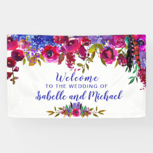 Banderoles Mariage Welcome Floral d'aquarelle violette et rou
