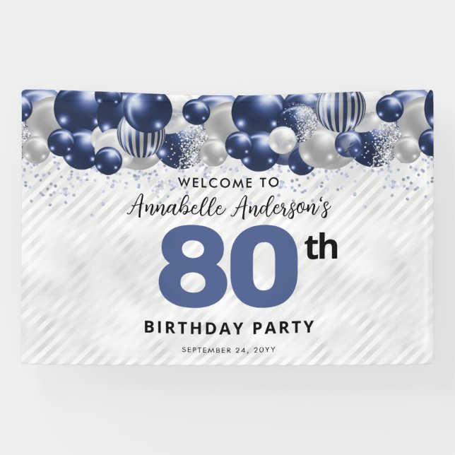 Banderoles Marine Bleu Bleu en argent 80e anniversaire Bienve (Horizontal)