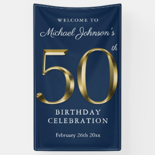 Banderoles Marine Blue 50th Birthday Solid Gold Typographie