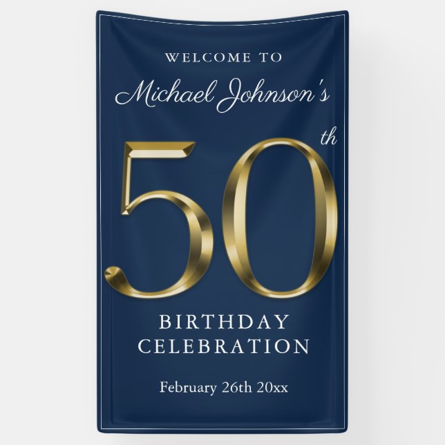 Banderoles Marine Blue 50th Birthday Solid Gold Typographie (Vertical)