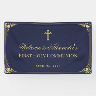 Banderoles Marine Blue Boy Première communion Faux Gold Vinta