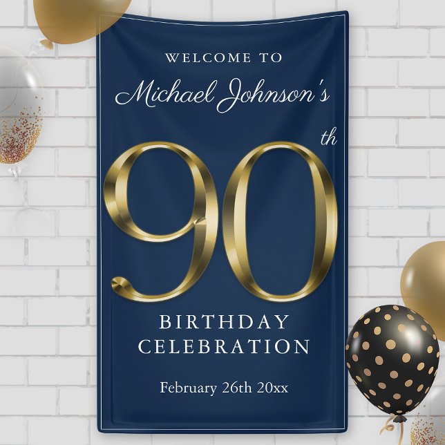 Banderoles Marine Blue Gold Custom 90th Birthday Party Bienve (Navy Blue Gold Custom 90th Birthday Party Welcome Banner)