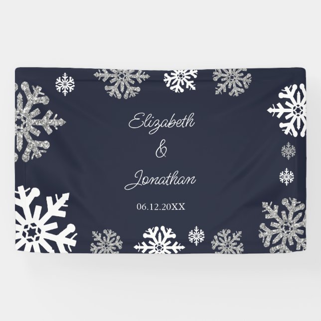 Banderoles Marine Blue Snowflakes Mariage d'hiver (Horizontal)