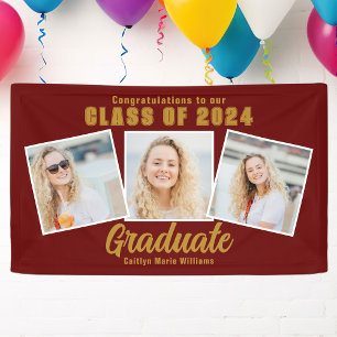 Banderoles Maroon Gold Graduation Party Chic Photo Collage