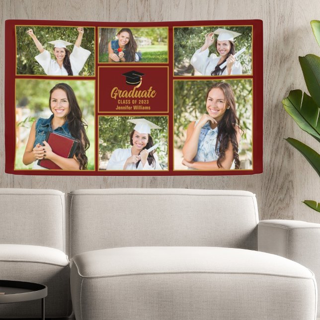 Banderoles Maroon Gold Graduation Photo Collage Modern Party (Créateur téléchargé)