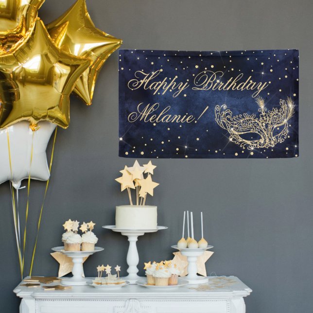 Banderoles Mascarade masque élégante parties scintillant or c (Masquerade mask elegant chic gold glitter sparkles banner navy blue)
