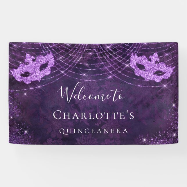 Banderoles Mascarade parties scintillant violet Quinceanera (Horizontal)
