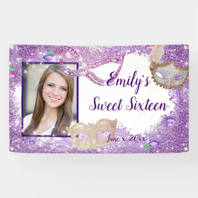 Banderoles Mascarade Sweet Sixteen pailleté violet (Horizontal)