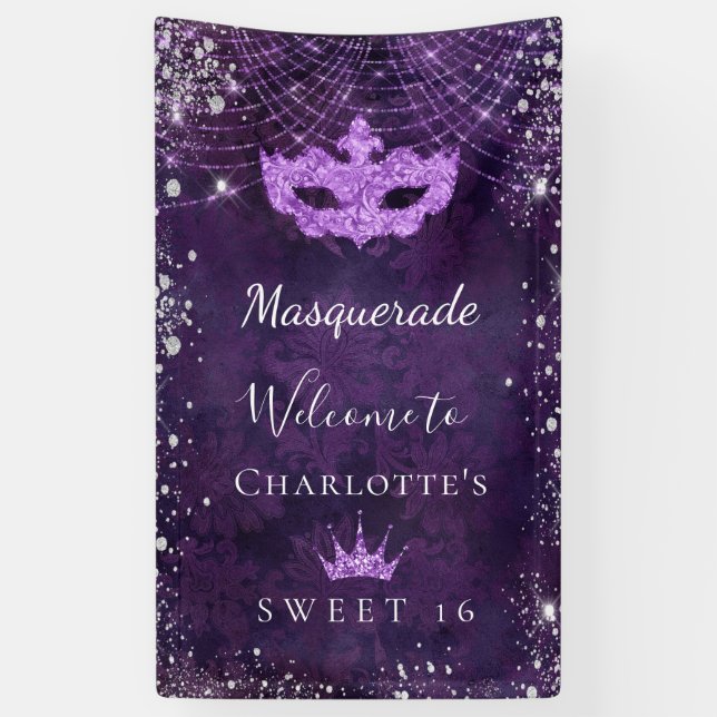 Banderoles Mascarade violet argent parties scintillant poussi (Vertical)