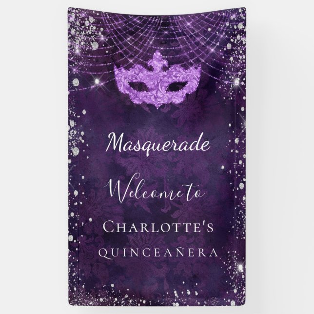 Banderoles Mascarade violet argent parties scintillant poussi (Vertical)