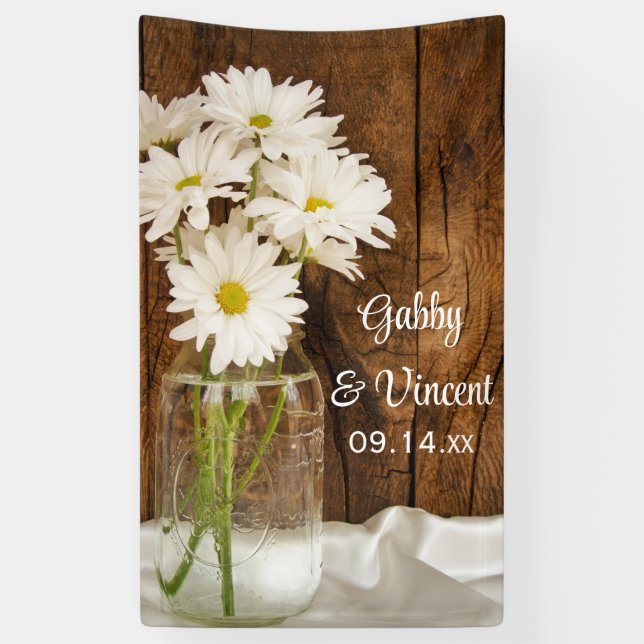 Banderoles Mason Jar et White Daisies Country Barn Mariage (Vertical)