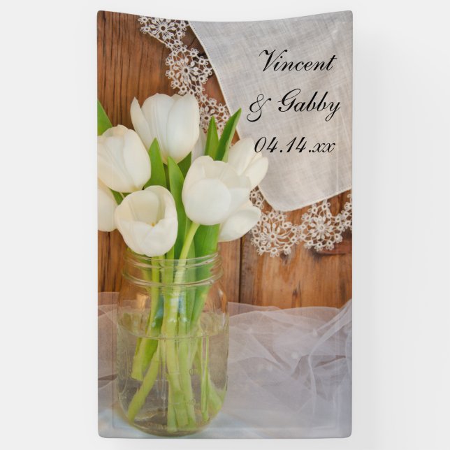 Banderoles Mason Jar et White Tulips Country Barne Mariage (Vertical)