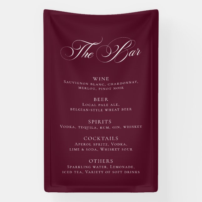 Banderoles Menu de bar de mariage classique en Bourgogne Réce (Verticale)