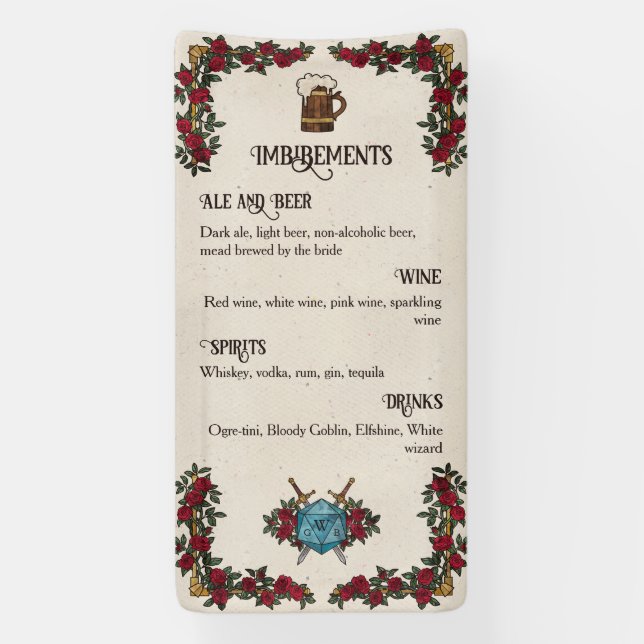 Banderoles Menu du bar de mariage D20 Monogram Roses RPG (Verticale)