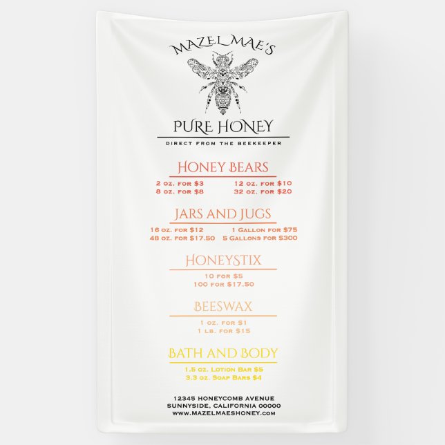 Banderoles Menu fait sur commande de miel de rucher (Vertical)