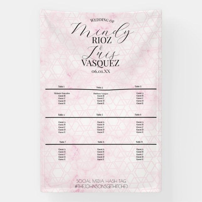 Banderoles Menu Mariage Rose Abstrait Marbre Noir Script (Verticale)