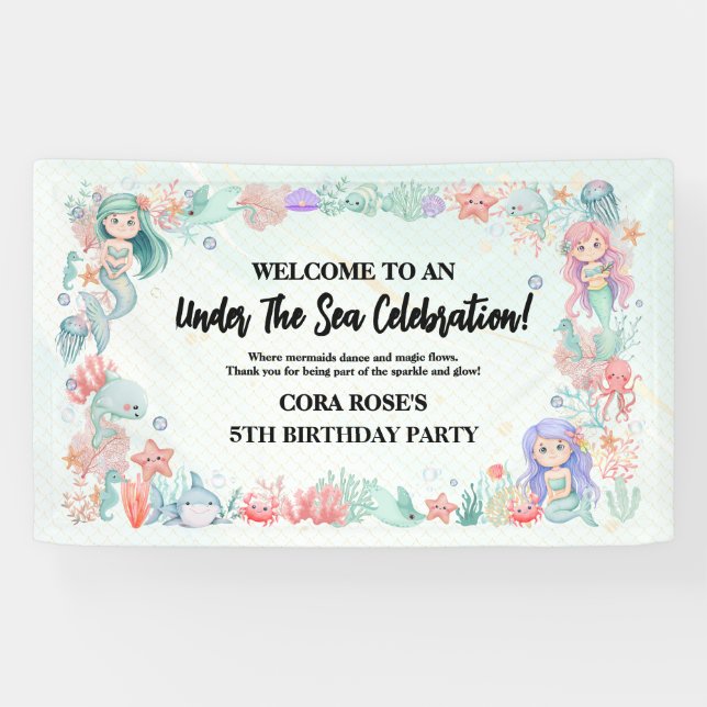 Banderoles Mermaid Under The Sea Girl Birthday Party (Horizontal)