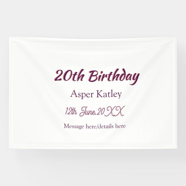 Banderoles Message simple nom date rose violet pour 20e anniv (Horizontal)