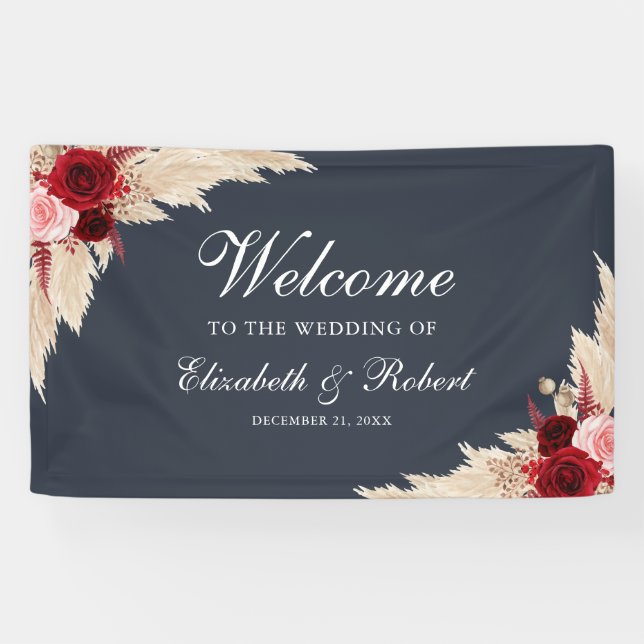 Banderoles Midnight Blue Bourgogne Roses Mariage de bienvenue (Horizontal)