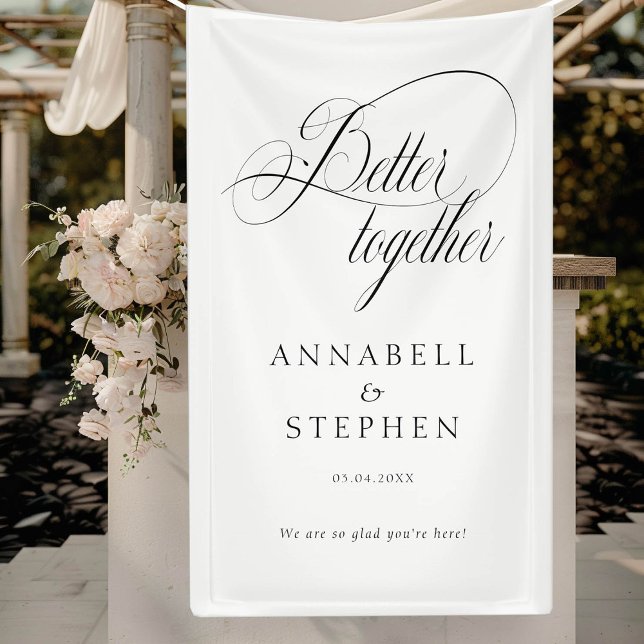 Banderoles Mieux Ensemble ! Moderne, Calligraphie, Blanc ("Better Together!" Modern, Elegant, Calligraphy, White, Wedding Banner with your Name & Date.)