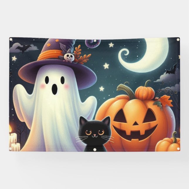 Banderoles Mignonne, citrouille d'Halloween, chat & fantôme (Horizontal)