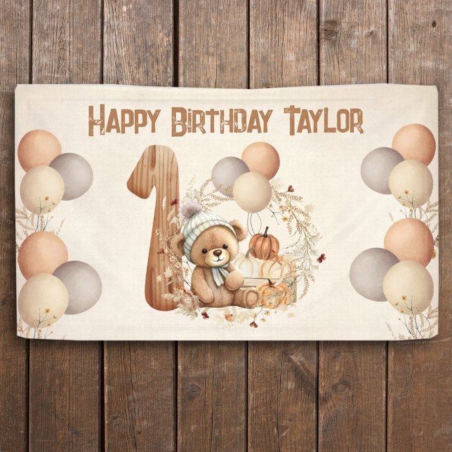 Banderoles Mignonne Ours Teddy Automne Citrouille Béary 1er a (Fall 1st Birthday banner with a cute teddy bear)