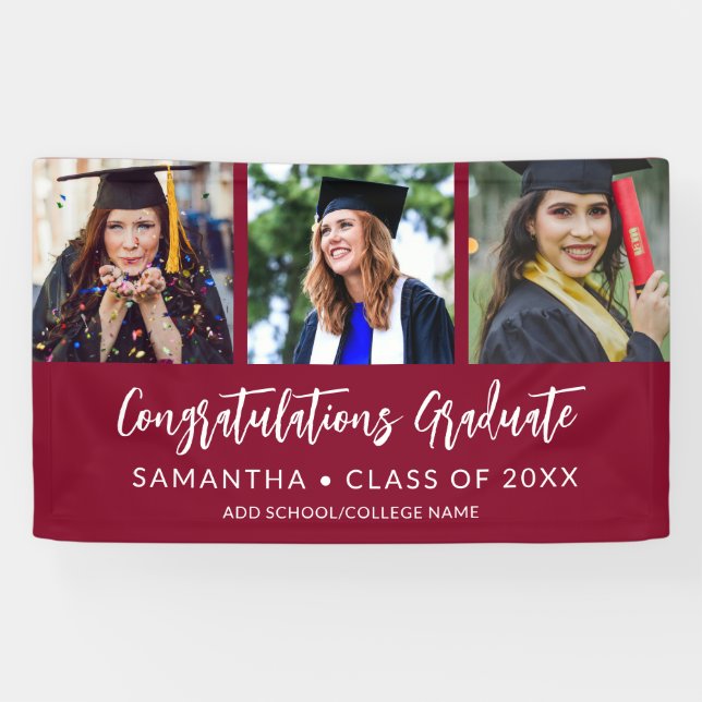 Banderoles Modern 3 Photo Congratulations Maroon Graduation (Horizontal)