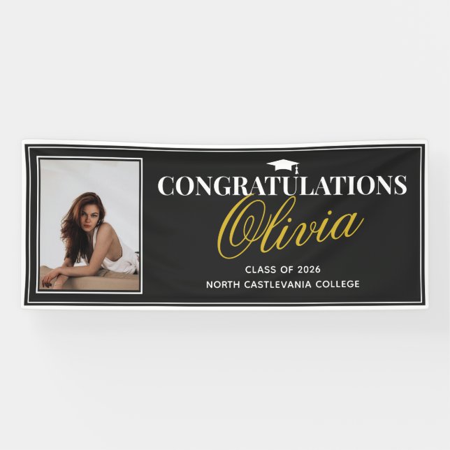 Banderoles Modern Black Gold Photo Congratulations Grad Party (Horizontal)
