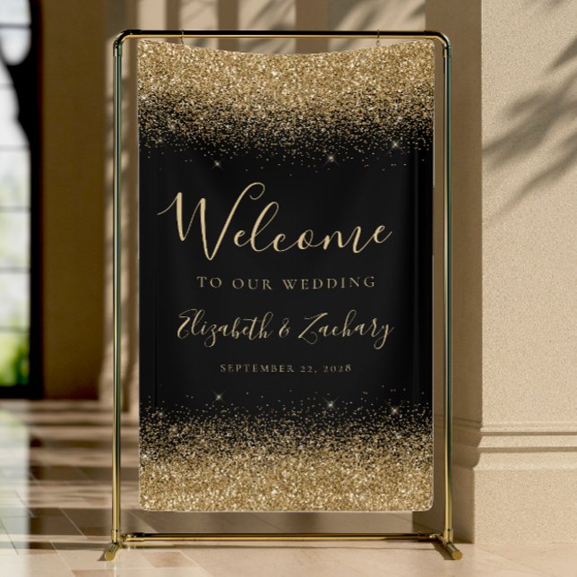 Banderoles Modern Gold Glitter Black Wedding Welcome (Créateur téléchargé)
