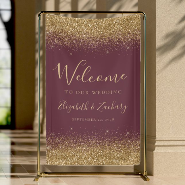 Banderoles Modern Gold Glitter Dark Burgundy Wedding Welcome (Créateur téléchargé)