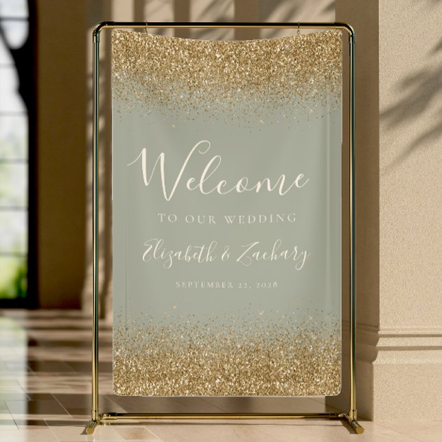 Banderoles Modern Gold Glitter Sage Green Wedding Welcome (Créateur téléchargé)