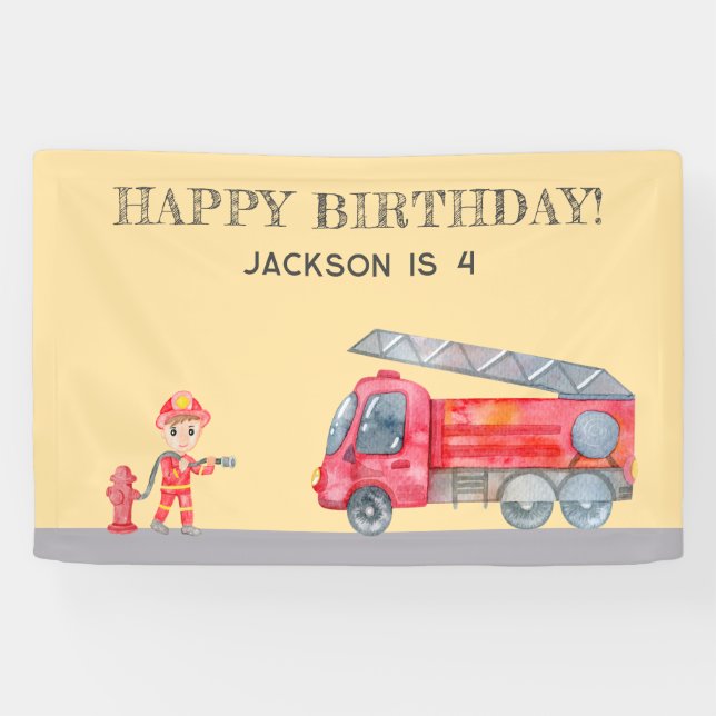 Banderoles Modern Minimalist Firetruck Fireman birthday (Horizontal)