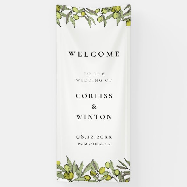 Banderoles Modern Olive Branch Welcome to our Wedding (Vertical)