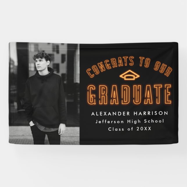 Banderoles Modern Orange Neon Photo Graduation Party (Horizontal)