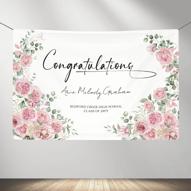 Banderoles Modern Pink Roses Congratulation Graduation Banner (Créateur téléchargé)