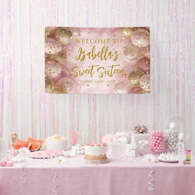 Banderoles Modern sweet 16 pink gold balloons welcome (Fête)
