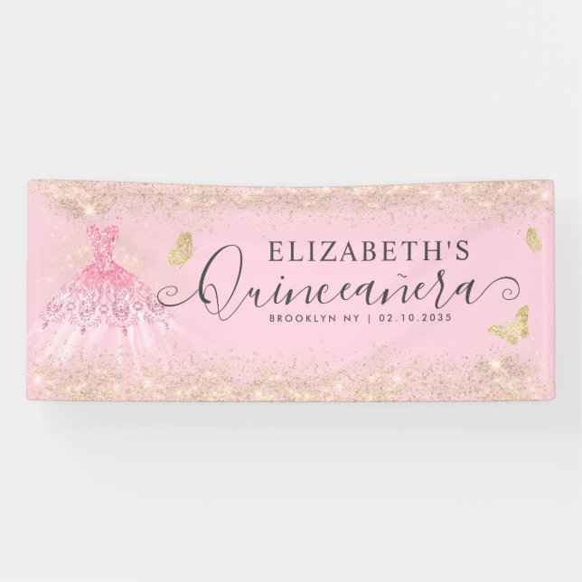 Banderoles Moderne Blush Pink Gold Gown Quinceañera Bienvenue (Horizontal)