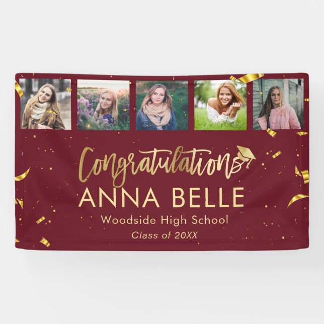 Banderoles Moderne Chic Gold Script Photo Collage Graduation (Horizontal)