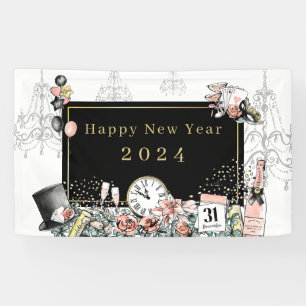 Banderoles Moderne Elegant Black Gold Joyeux New Year Party