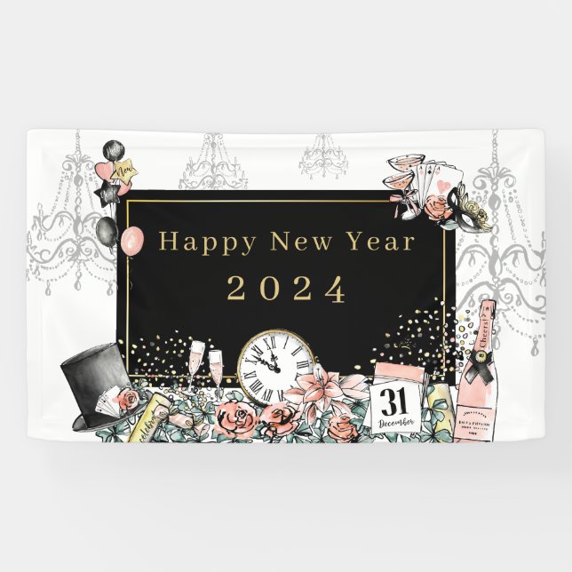 Banderoles Moderne Elegant Black Gold Joyeux New Year Party (Horizontal)