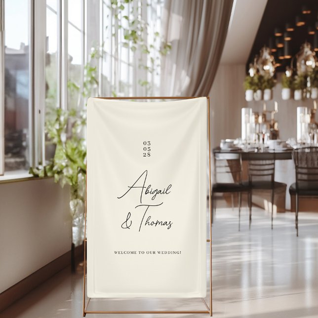 Banderoles Moderne, minimaliste, beige, mariage (Modern, minimal, beige "welcome" wedding banner with your name & date.)