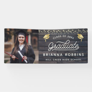Banderoles Moderne Rustique Script Gold Graduation Photo Bois