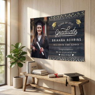 Banderoles Moderne Rustique Script Gold Graduation Photo Bois