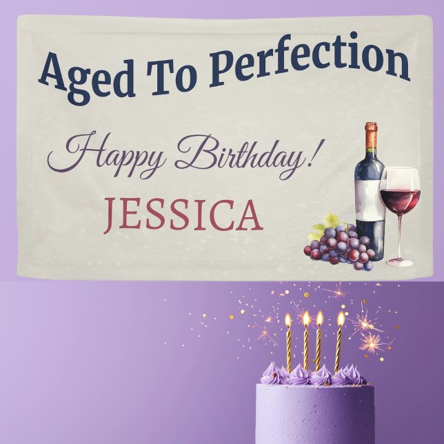 Banderoles Moderne simple élégant (Wine themed ‘Aged to Perfection’ birthday banner with watercolor grapes, wine glass & bottle.)